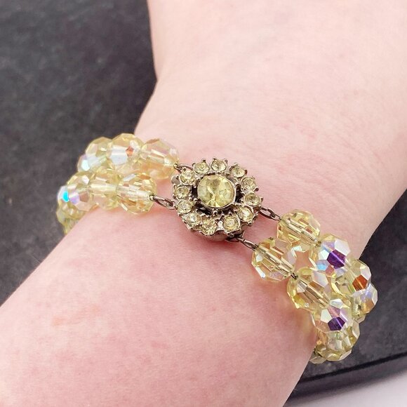 VINTAGE Yellow peridot green AB coated double-strand glass beaded bracelet - Picture 2 of 8